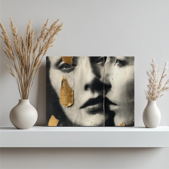 Abstract Portrait Canvas Wall Art Black And White Halftone Collage Torn Paper Contemporary Print Vintage Poster Painting Gift
