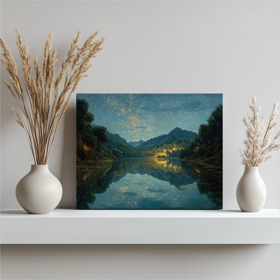 Starry Night Lake Wall Art Firefly Glow Forest Reflection Midnight Sky