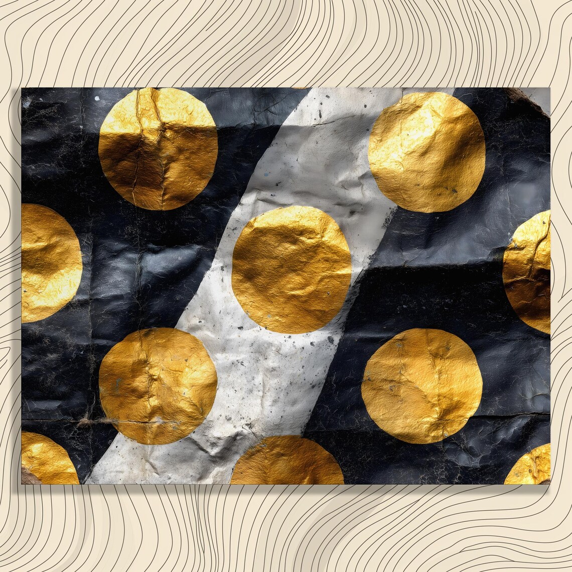 Abstract Geometric Gold Canvas Wall Art Black White Stripes Polka Dot Metallic Texture Modern Print Accent Decor