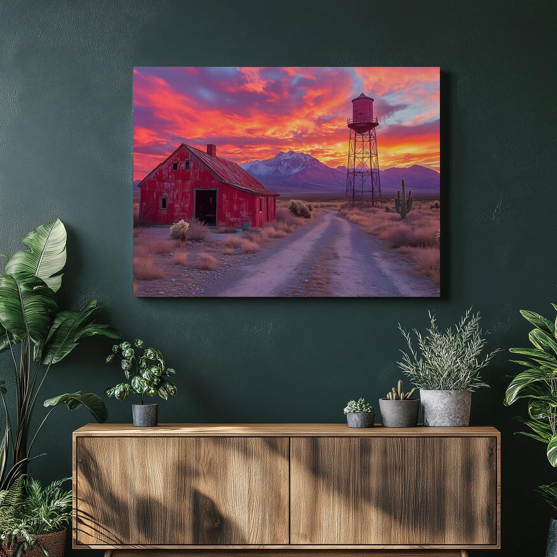 Red Barn Desert Sunset Water Tower Cactus Southwest Landscape Print