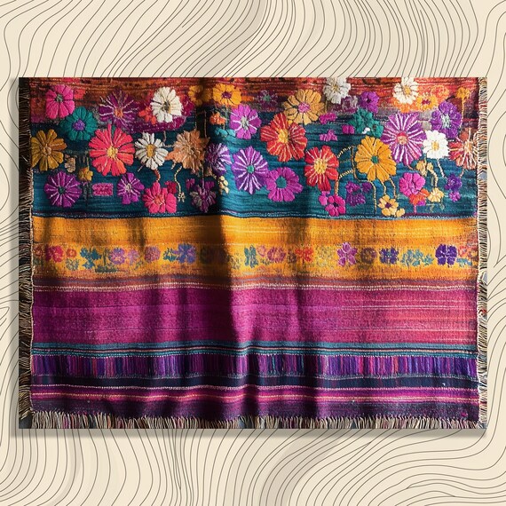 Colorful Embroidered Floral Textile Tapestry Folk Art Wall Decor Print