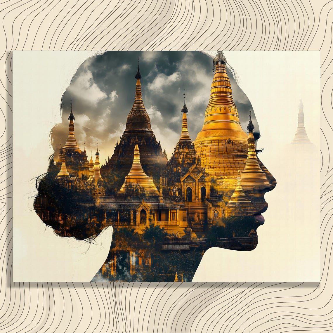 Golden Pagodas Woman Profile Double Exposure Myanmar Art Poster