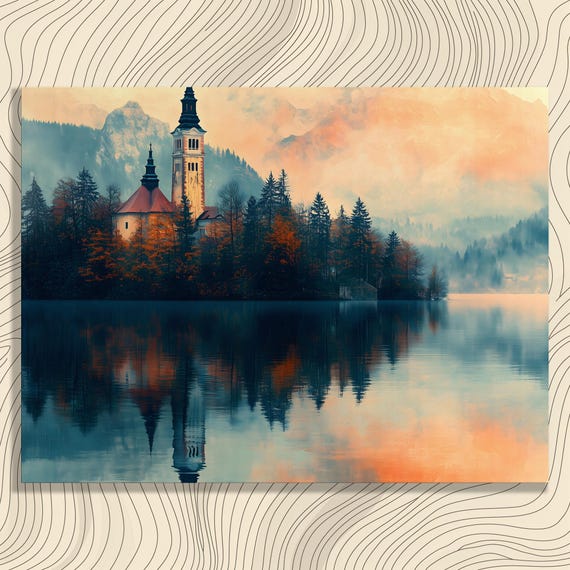 Serene Island Church Canvas Wall Art Vintage Landscape Lake Reflection Painting Print Decor Gift For Nature Lovers Misty Mountain Scene