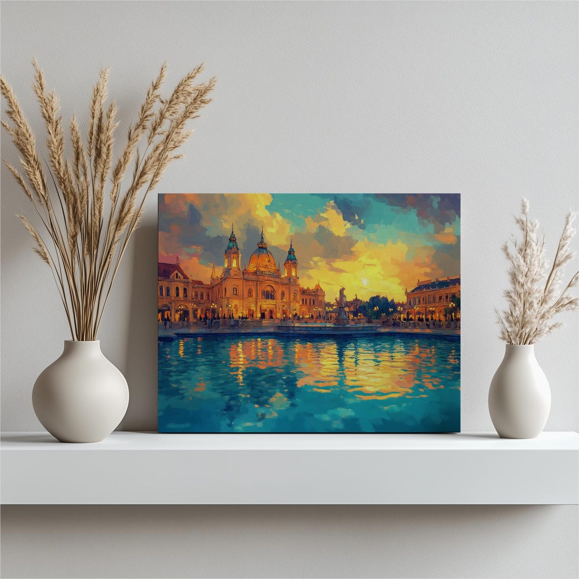 Grand Cathedral Sunset Reflection Waterfront Vintage Art Poster