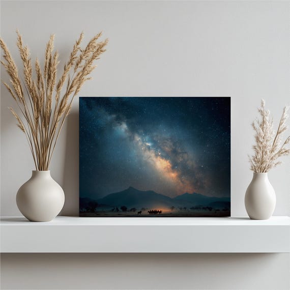 Milky Way Canvas Wall Art Desert Landscape Print Camel Caravan Silhouette Beneath A Night Sky Glow Constellation Artwork