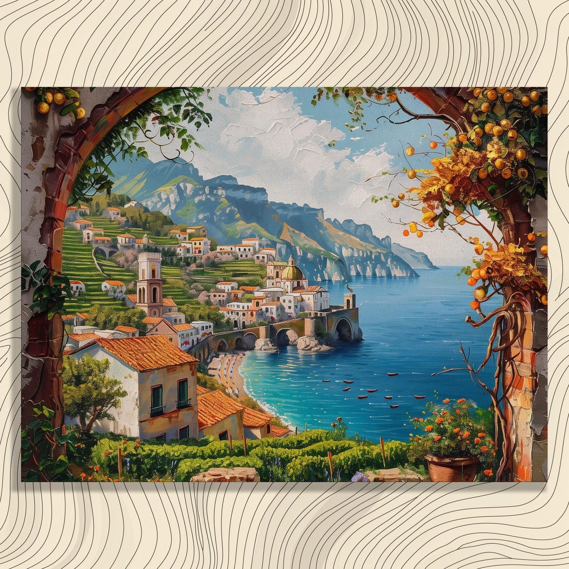 Amalfi Coast Canvas Wall Art Colorful Seaside Villages Painting Italy Turquoise Waters Framed In Wooden Ornate Style Highly Detailed Oil