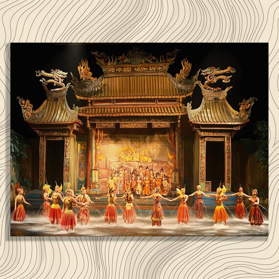 Vietnamese Water Puppet Theater Poster Colorful Folk Dance Stage Art