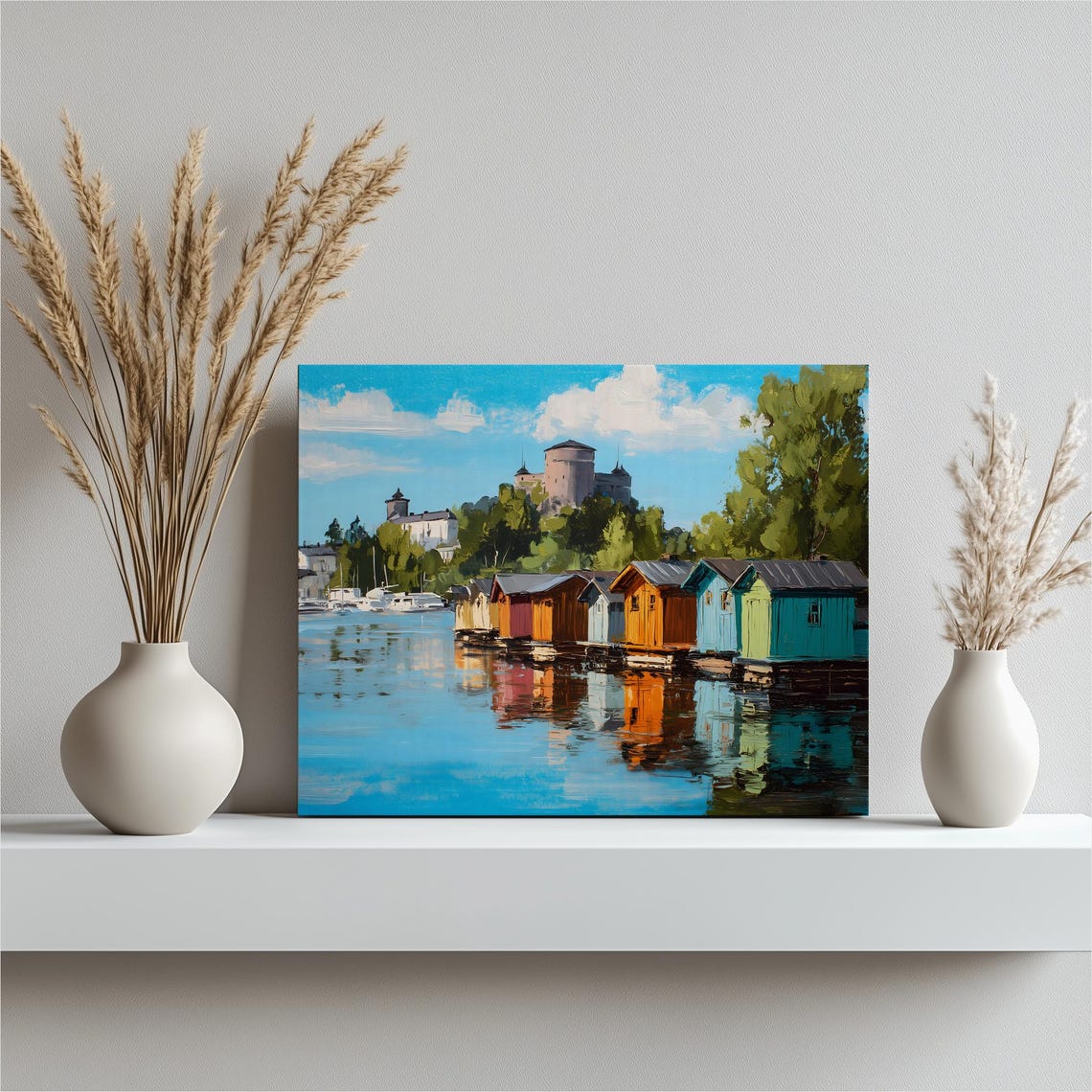 Colorful Harbor Boathouses Castle Hill Sunny Waterfront Art Poster