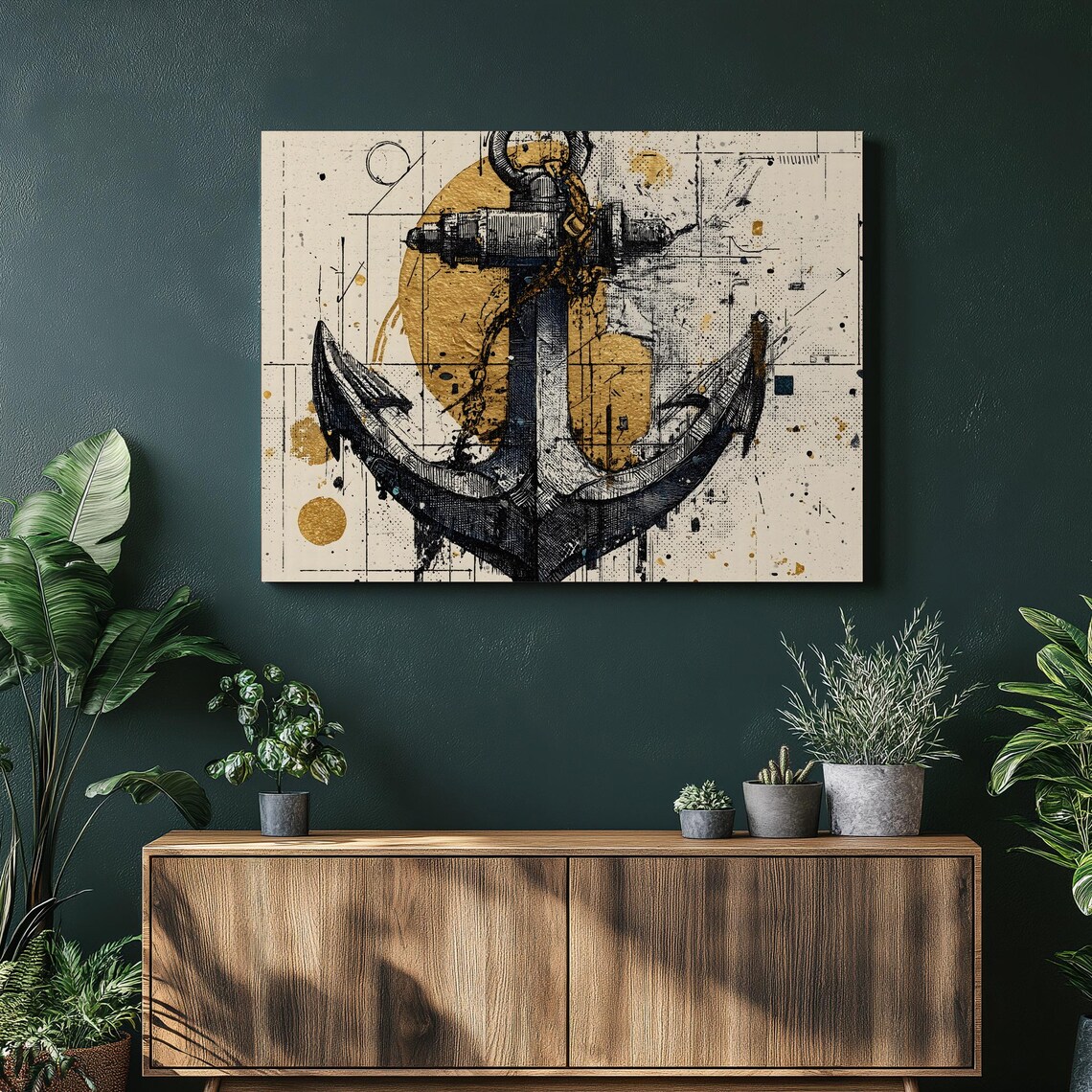 Modern Nautical Anchor Canvas Wall Art Coastal Decor Print Gold Accent Maritime Design Ocean Inspired Abstract Black And