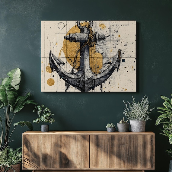 Nautical Anchor Sketch Print Vintage Sailor Blueprint Gold Circle Coastal
