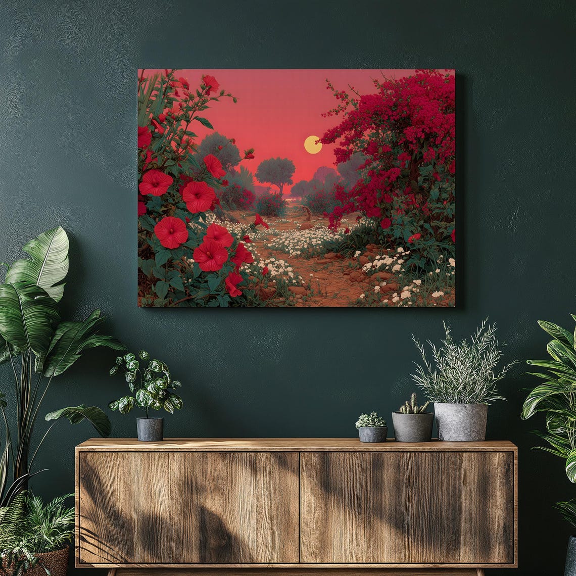 Tropical Hibiscus Flowers Sunset Garden Golden Sun Landscape Poster