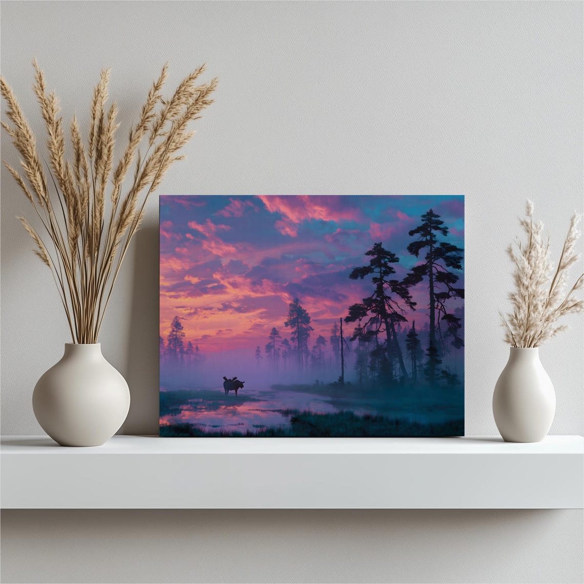 Moose Sunrise Misty Forest Lake Pink Purple Wildlife Wall Art