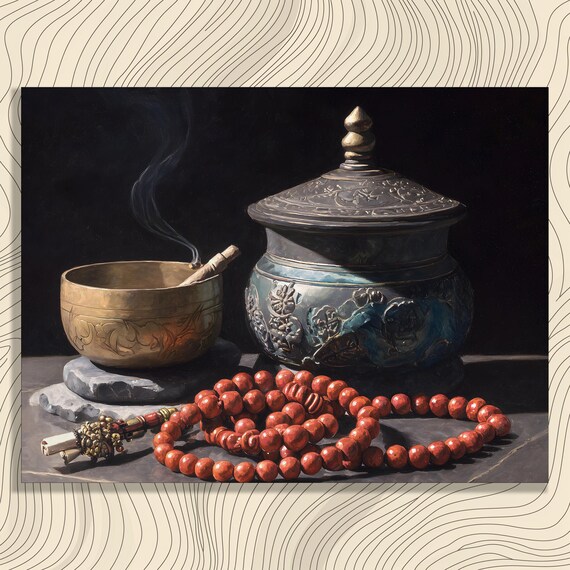Tibetan Singing Bowl Mala Beads Still Life Meditation Zen Art Poster
