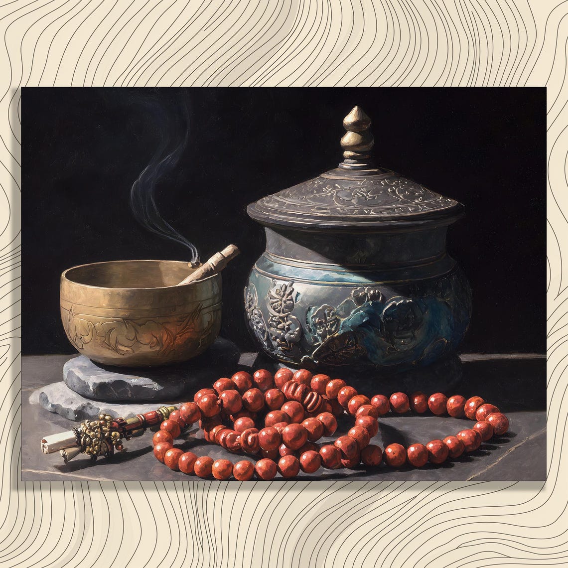 Tibetan Singing Bowl Mala Beads Still Life Meditation Zen Art Poster