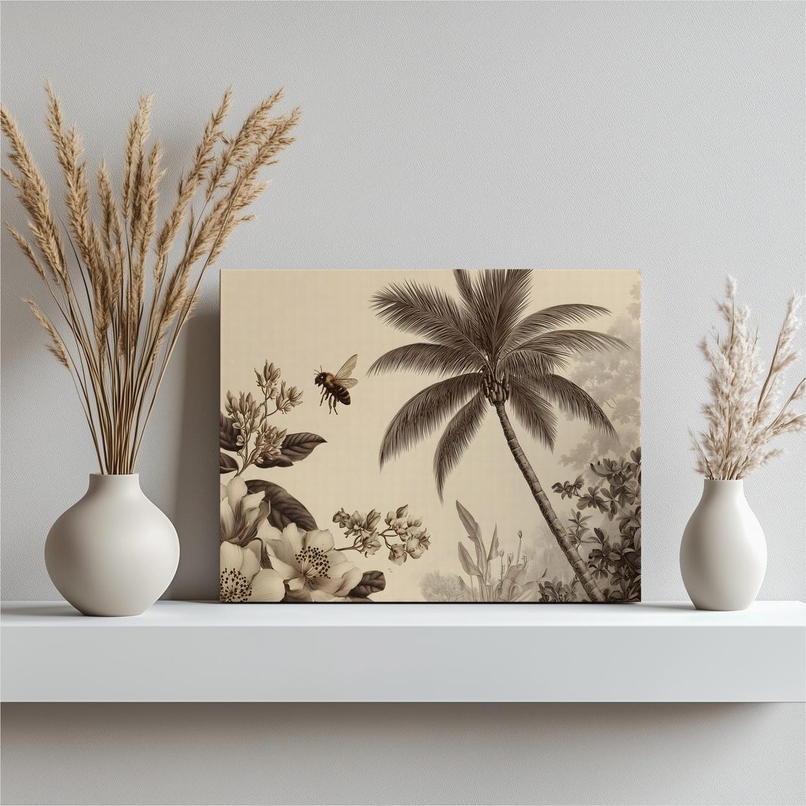 Tropical Palm Bee and Hibiscus Sepia Vintage Botanical Art Poster