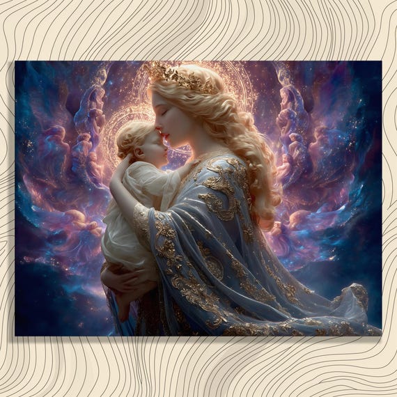 Serene Celestial Mother Canvas Wall Art Ethereal Embrace Colorful Angelic Painting Print For Parents Spiritual Gift Religious Artwork