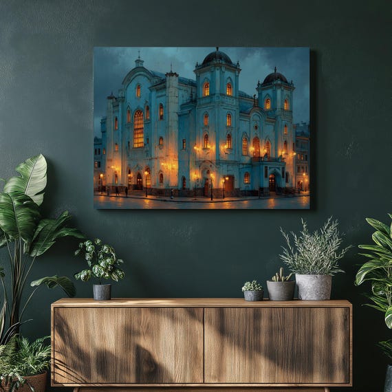 Gothic Architecture Canvas Wall Art Luminous Historic Building Urban Street At Dusk Architectural Print Reflections Cityscape Decor