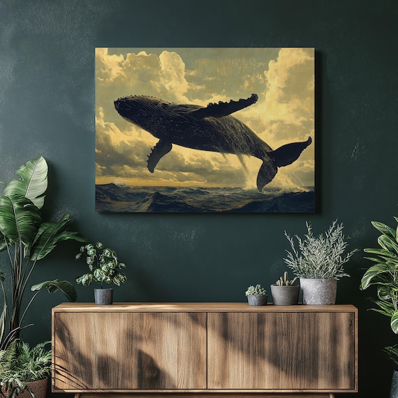 Breaching Humpback Whale Dramatic Golden Ocean Seascape Canvas Poster