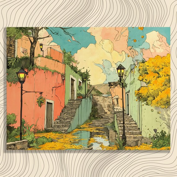 Colorful European Street Scene Pastel Houses Stairs Travel Poster