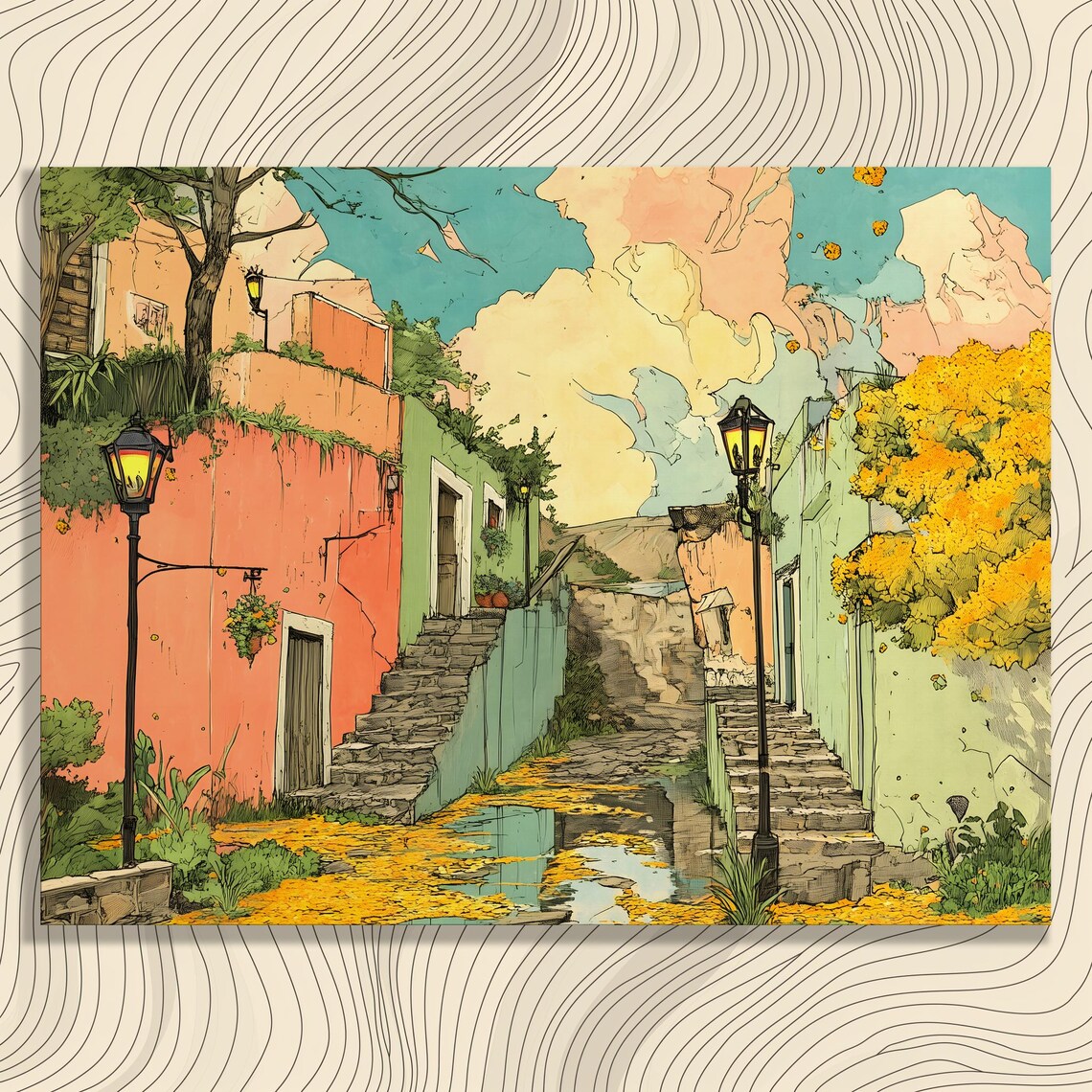Colorful European Street Scene Pastel Houses Stairs Travel Poster