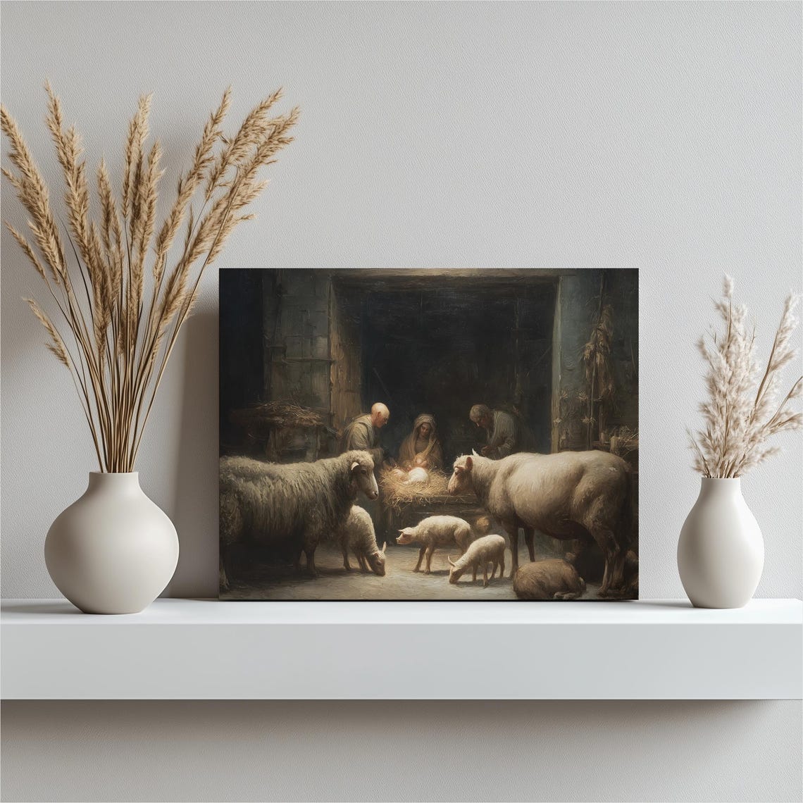 Nativity Scene Rustic Painting Holy Family Manger Sheep Art Poster