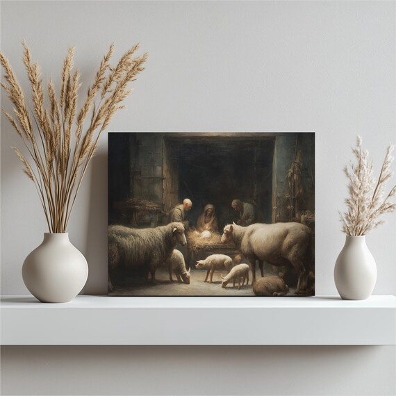 Nativity Scene Rustic Painting Holy Family Manger Sheep Art Poster