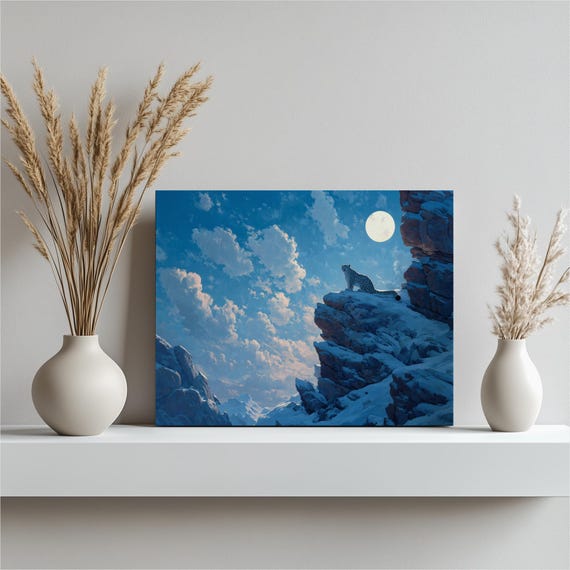 Snow Leopard Canvas Wall Art Moonlit Mountain Glowing Moon Starry Sky Wildlife Print Nature Decor Modern Lodge Style Blue Landscape Cliff