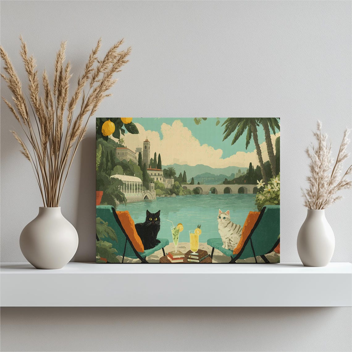 Italian Lakeside Cats Cocktails Mediterranean Travel Art Poster