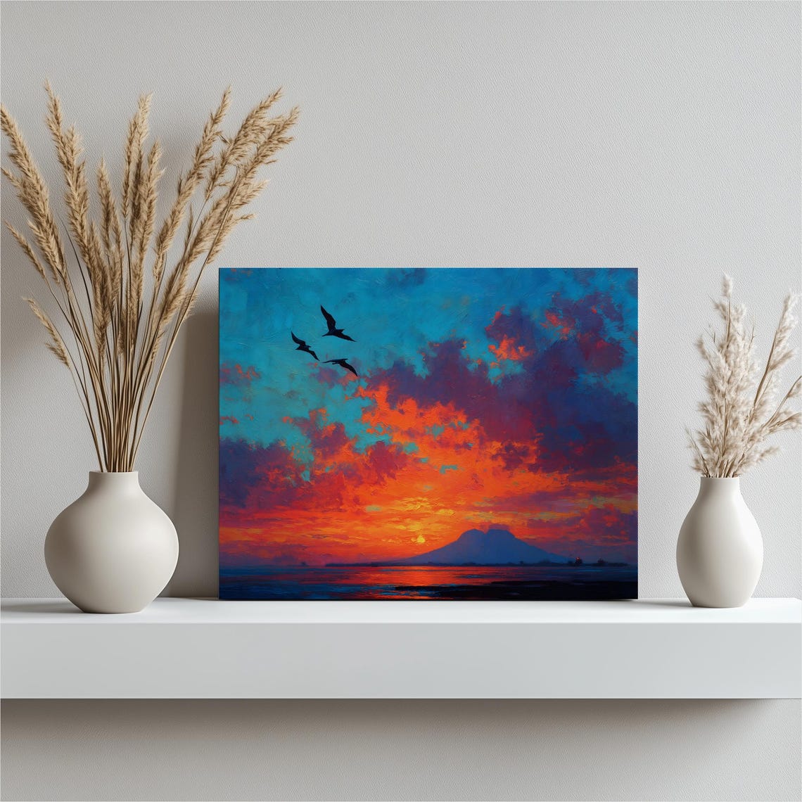 Fiery Ocean Sunset Painting with Soaring Birds and Distant Peak Poster