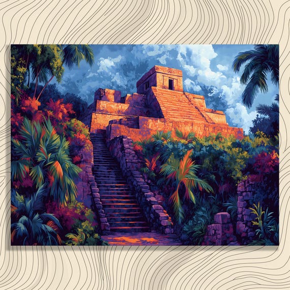 Belize Mayan Ruins Canvas Wall Art Tropical Jungle Temple Landscape Print Vibrant Stone Pyramid Travel Decor Rainforest Scene