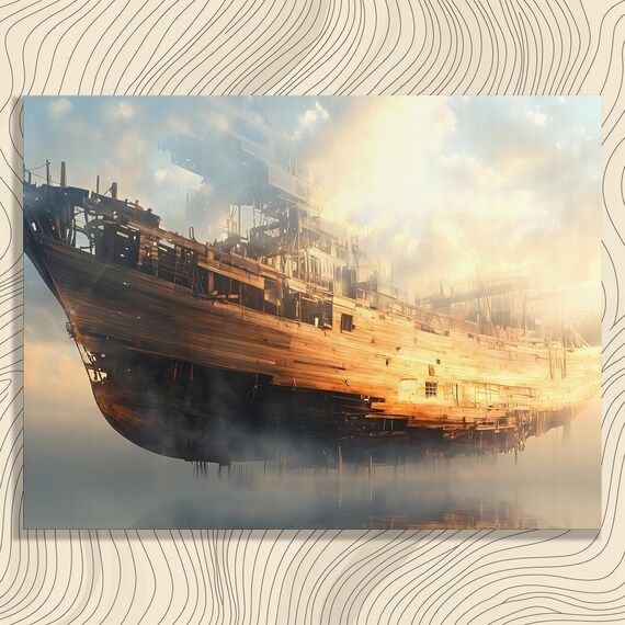 Ancient Wooden Sailing Ship Rising Through Golden Mist Poster