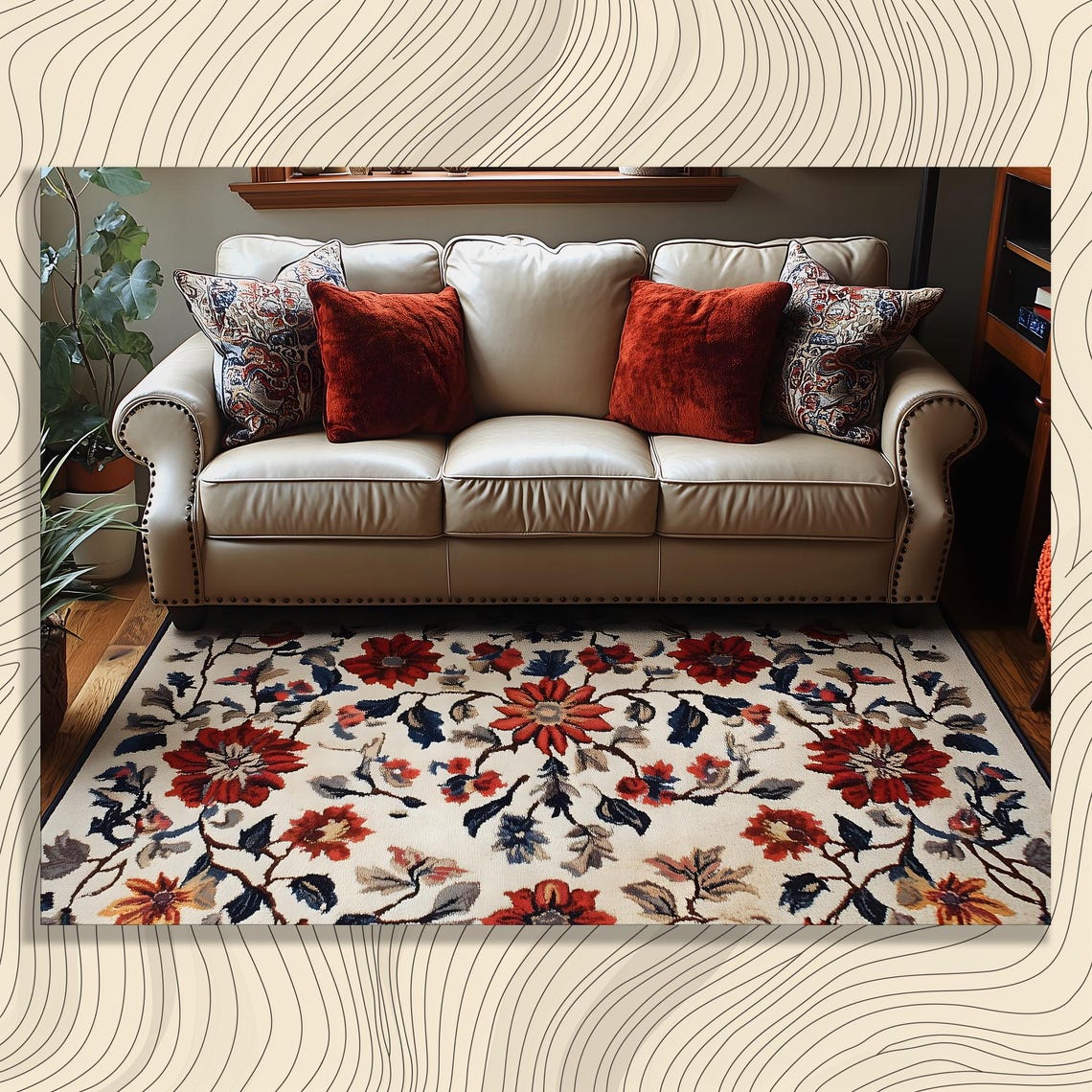 Vintage Floral Blossom Pattern Red Cream Rustic Farmhouse Wall Art