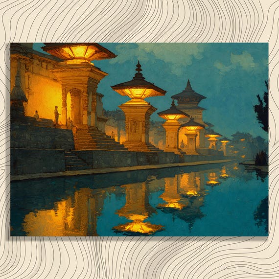 Temple Lantern Reflections Canvas Wall Art Dark Night Sky Pagoda Decor Water Reflection Print Asian Painting Gift
