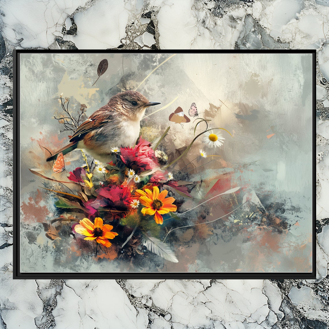 Painterly Songbird Among Wildflowers Soft Botanical Bird Poster