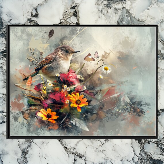 Wren Canvas Wall Art Stunning Painting Vibrant Colors Feather Details Oil Texture Abstract Background Trendy Home Decor Bird