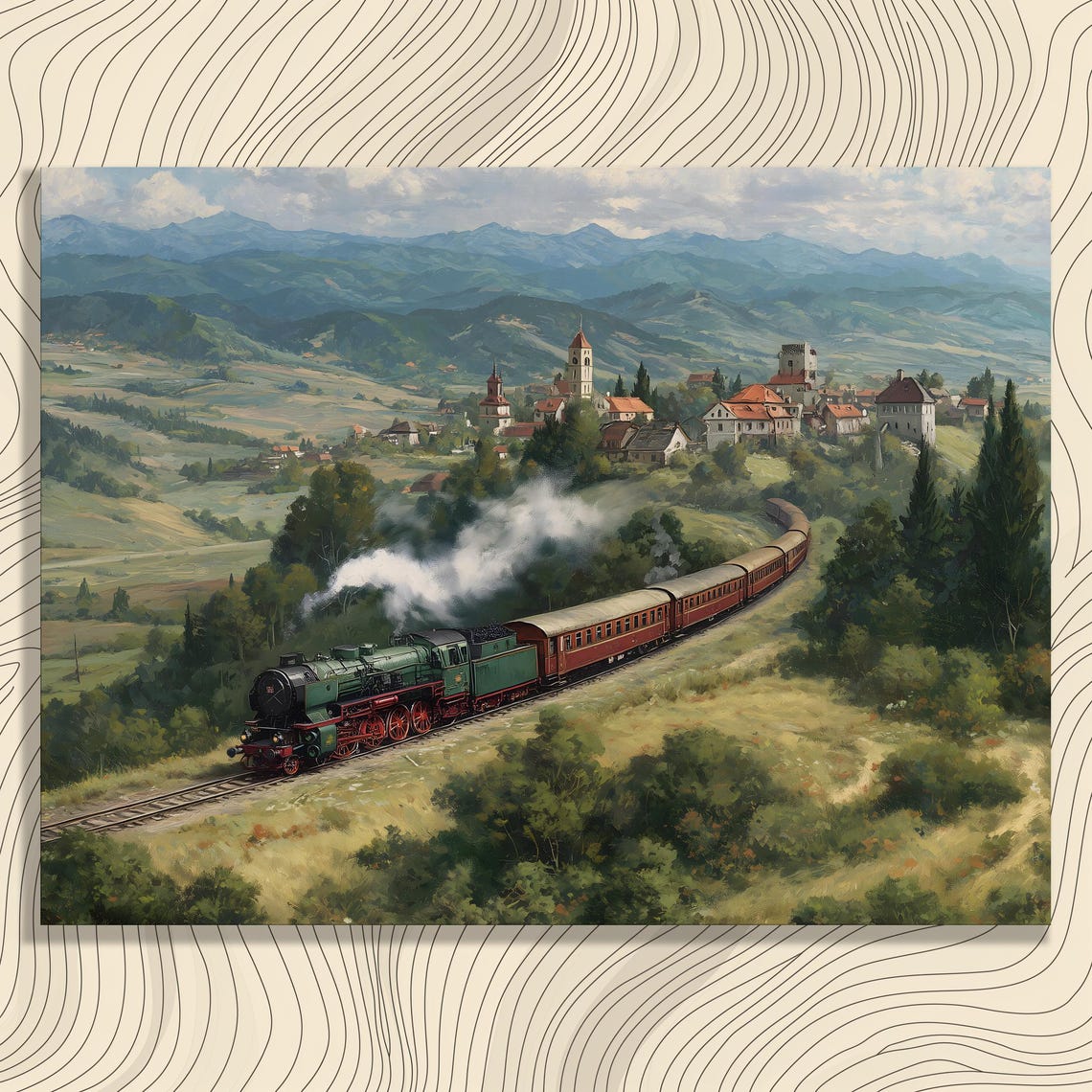 Vintage Steam Locomotive Mountain Village Scenic Train Poster