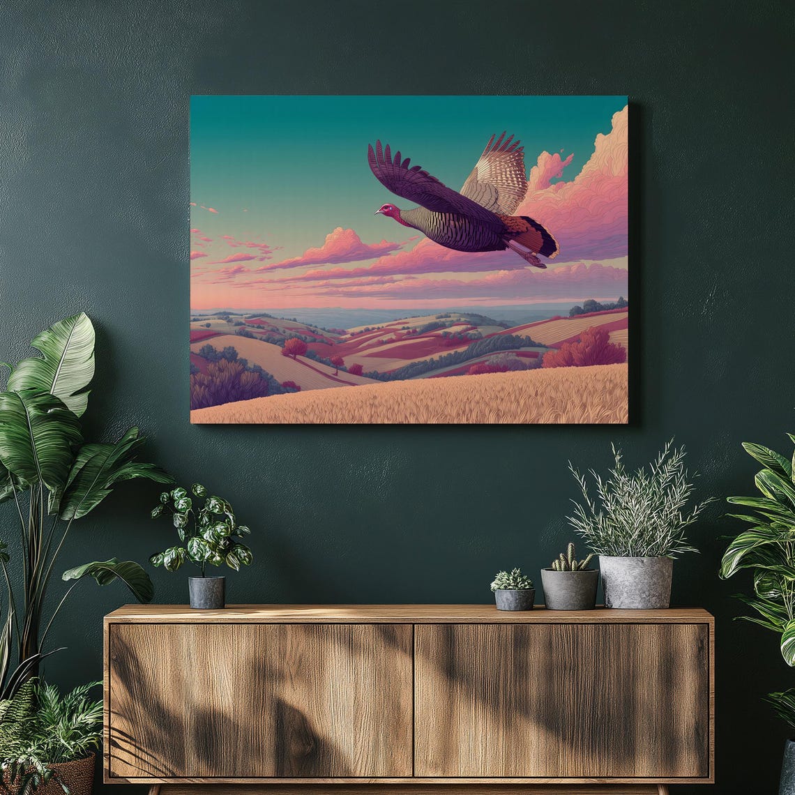 Wild Turkey Flying Sunset Wheat Field Rustic Nature Wall Art