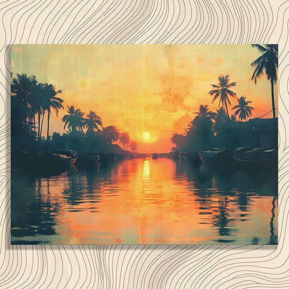Serene Tropical Sunset Canvas Wall Art Vintage Decor Print Palm Trees Painting River Reflection Beach