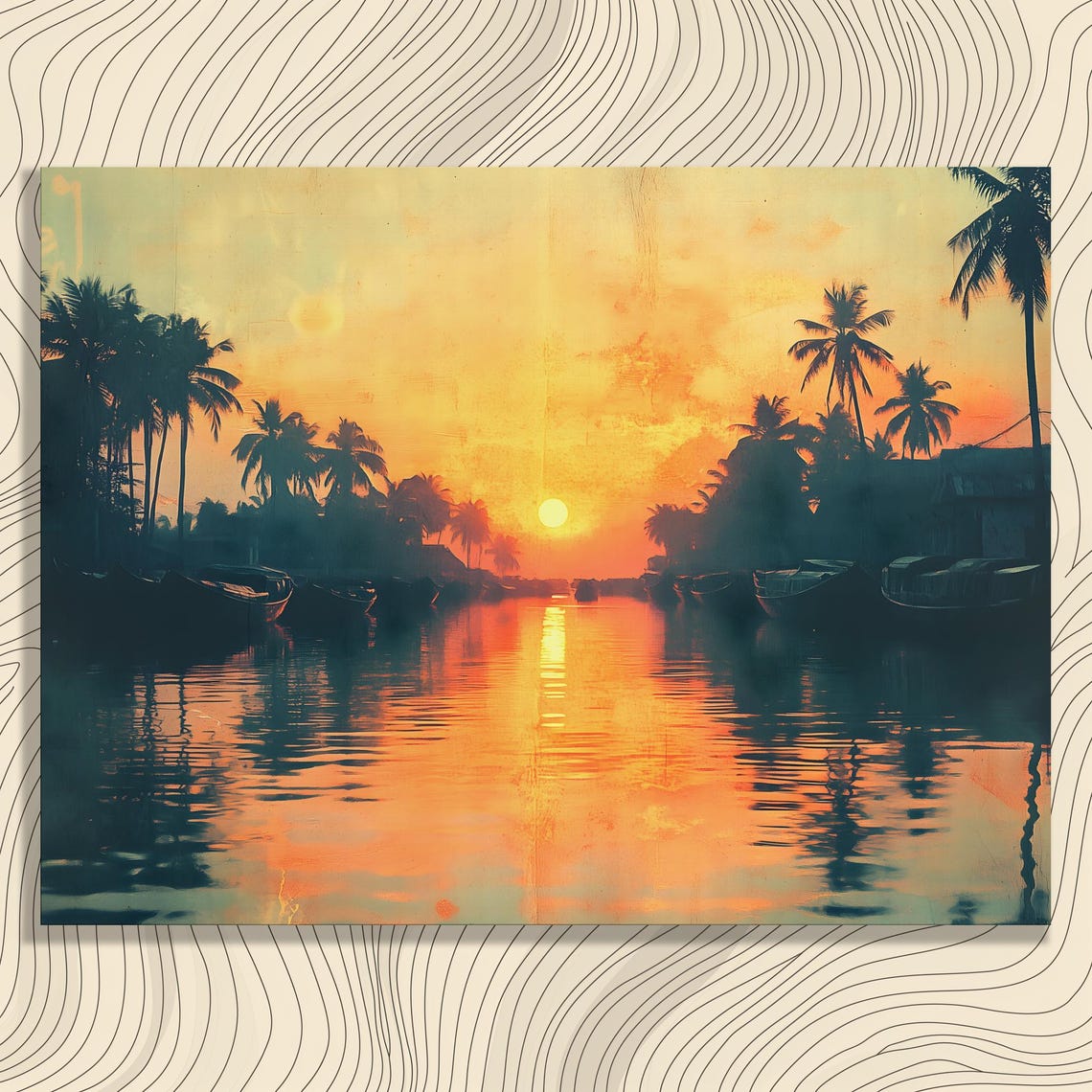 Serene Tropical Sunset Canvas Wall Art Vintage Decor Print Palm Trees Painting River Reflection Beach