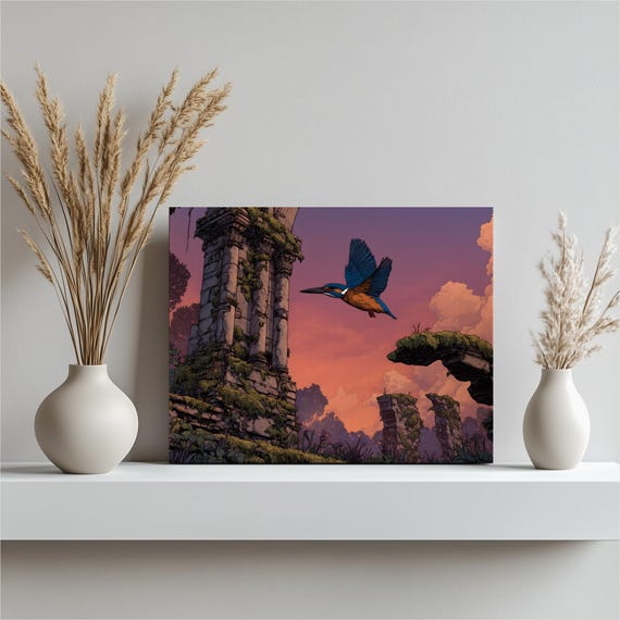 Kingfisher Ruins Sunset Canvas Wall Art Colorful Wildlife Illustration Fantasy Landscape Print Ancient Columns Mossy Dramatic Clouds