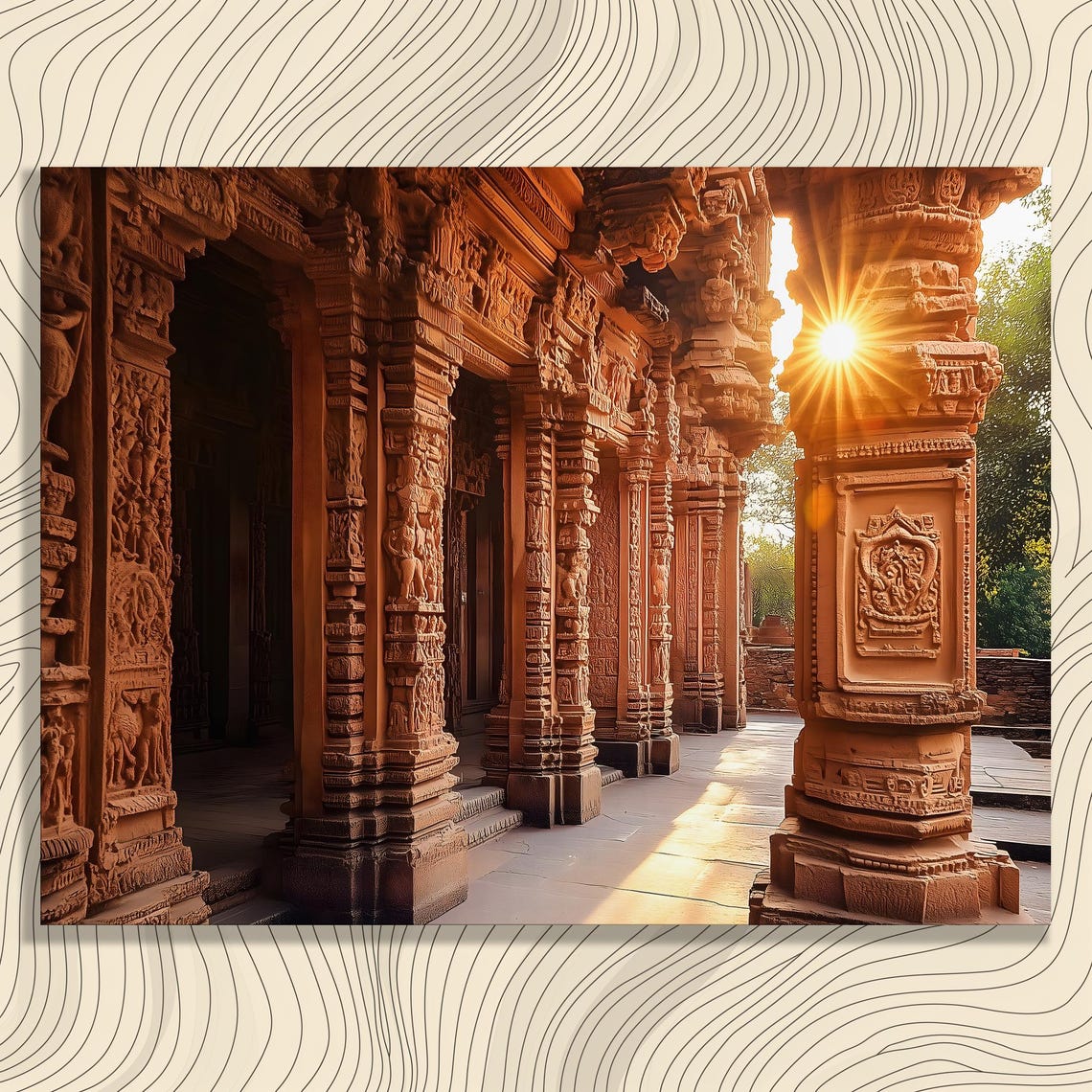 Ancient Temple Corridor Carved Sandstone Pillars Sunrise Poster