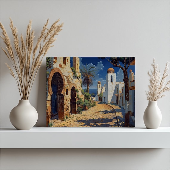 Mediterranean Coastal Town Stone Arches Sunny Seaside Painting Poster