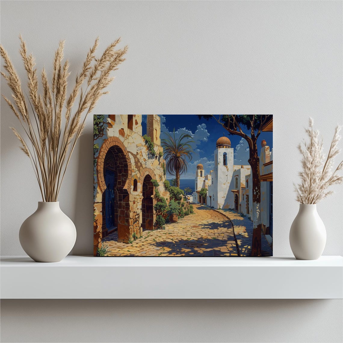 Mediterranean Coastal Town Stone Arches Sunny Seaside Painting Poster
