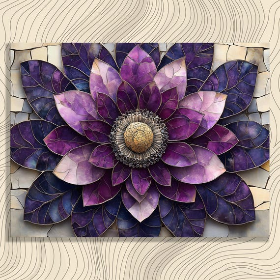 Vibrant Mosaic Flower Canvas Wall Art Boho Botanical Purple Petals And Stone Decor Print For Nature Fans Gallery Wrapped