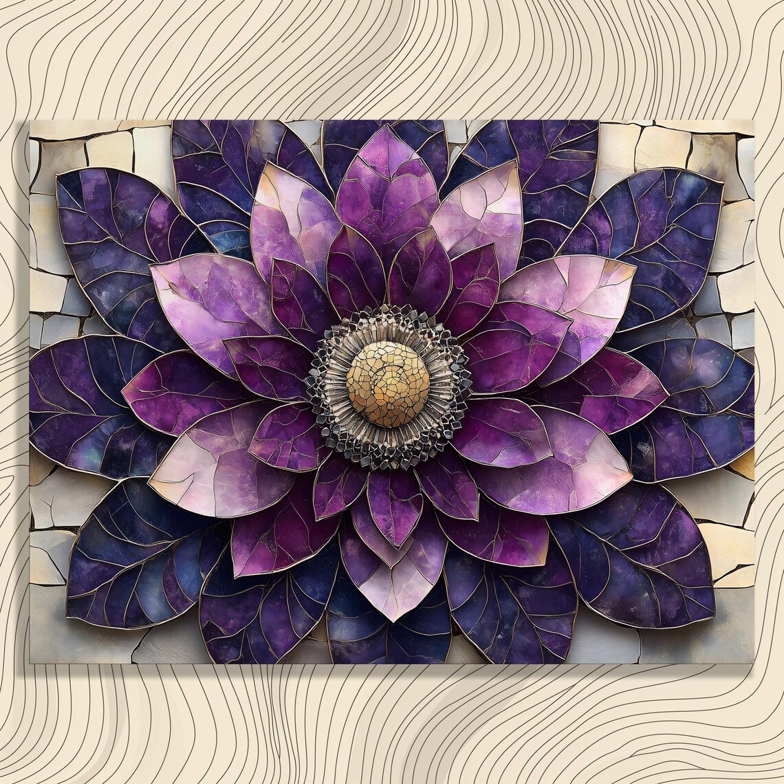 Purple Mosaic Stained Glass Flower Botanical Centerpiece Art Poster