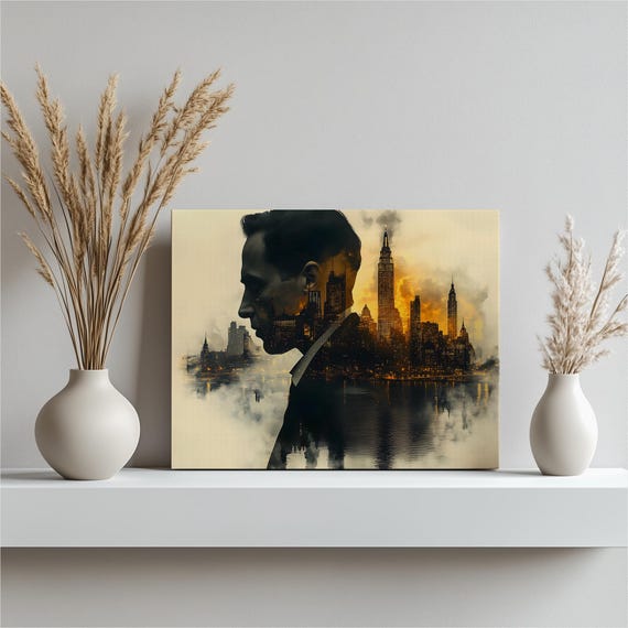 City Skyline Silhouette Canvas Wall Art Double Exposure Urban Cityscape With Profile Portrait New York Skyscrapers Night Lights Home Decor