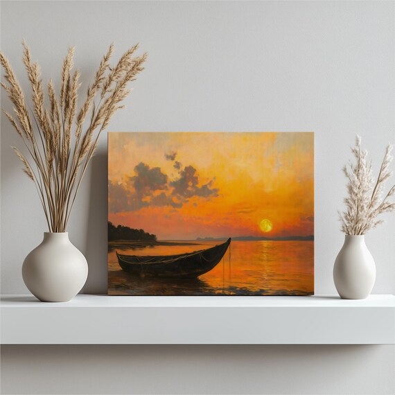 Wooden Boat on Calm Water Golden Sunset Glow Canvas Wall Art