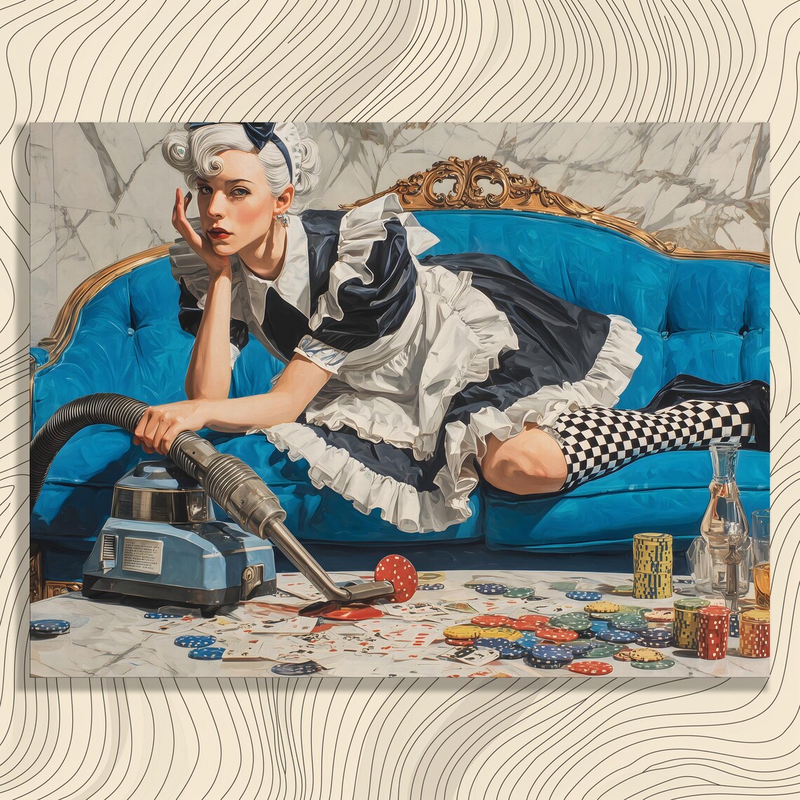Sassy French Maid Pinup Blue Velvet Couch Casino Night Poster