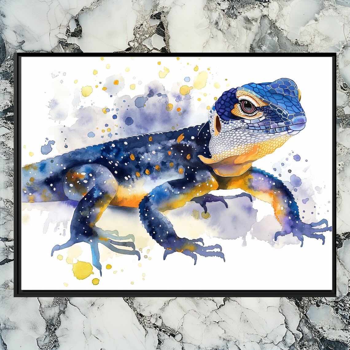 Blue Orange Watercolor Lizard Wildlife Reptile Painting Poster