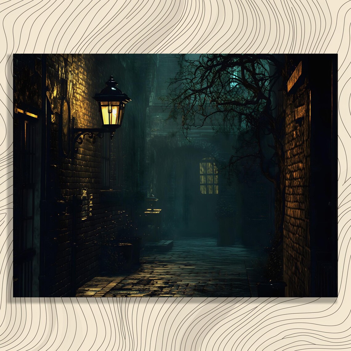 Dark Gothic Alleyway Night Lamp Brick Mystery Urban Wall Art